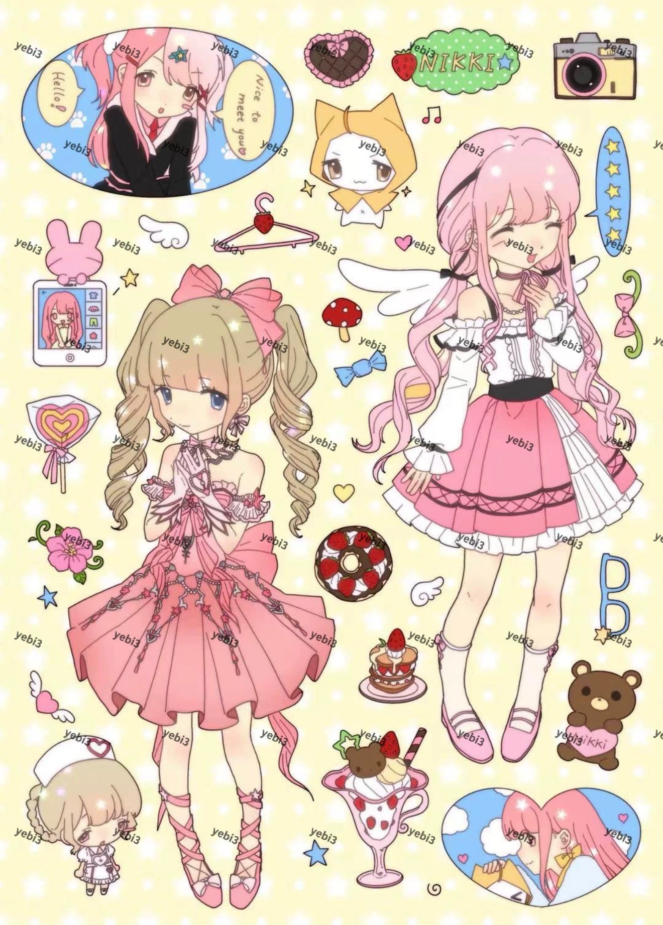 Sparkly pink hair girl sticker sheet