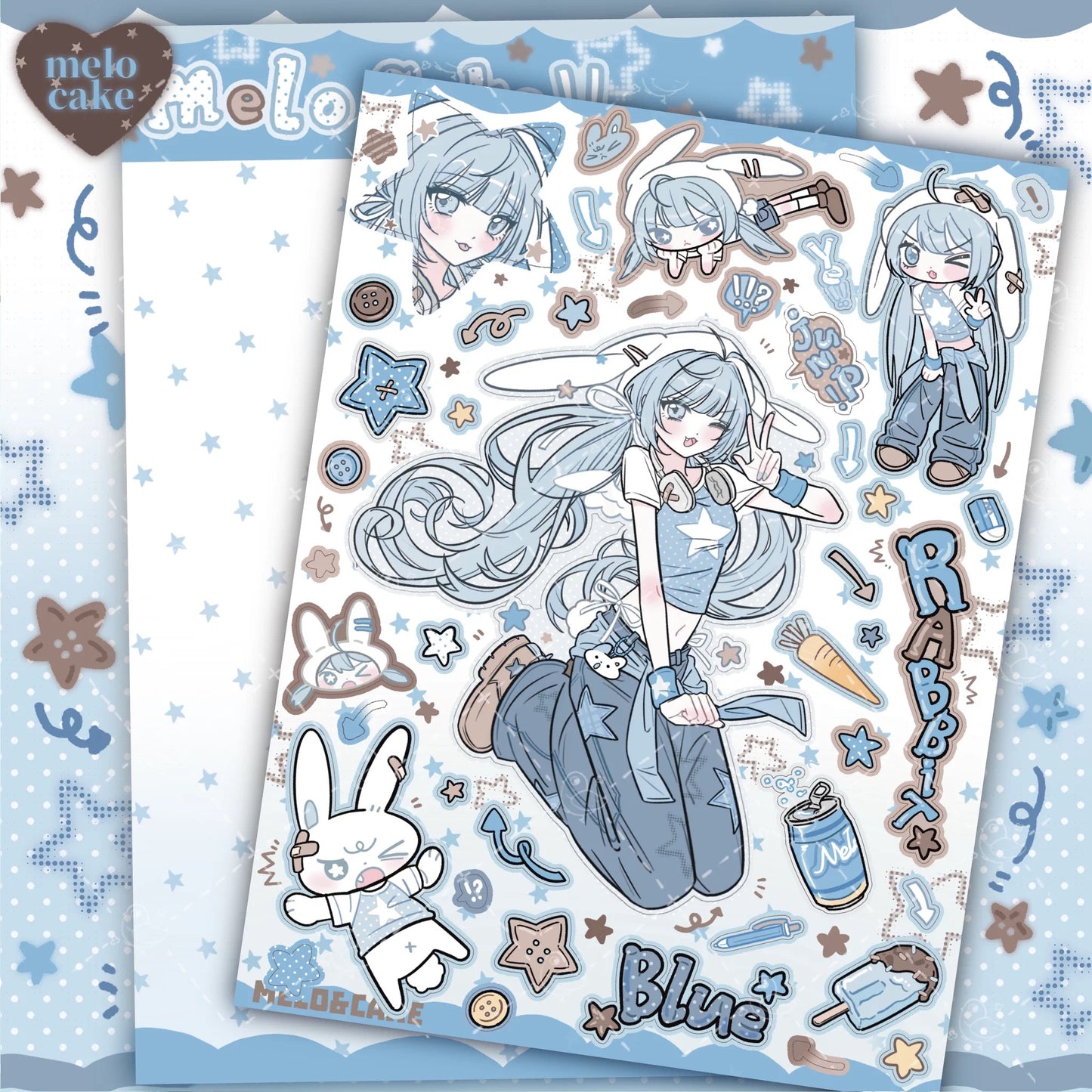 Blue rabbit girl sticker sheet