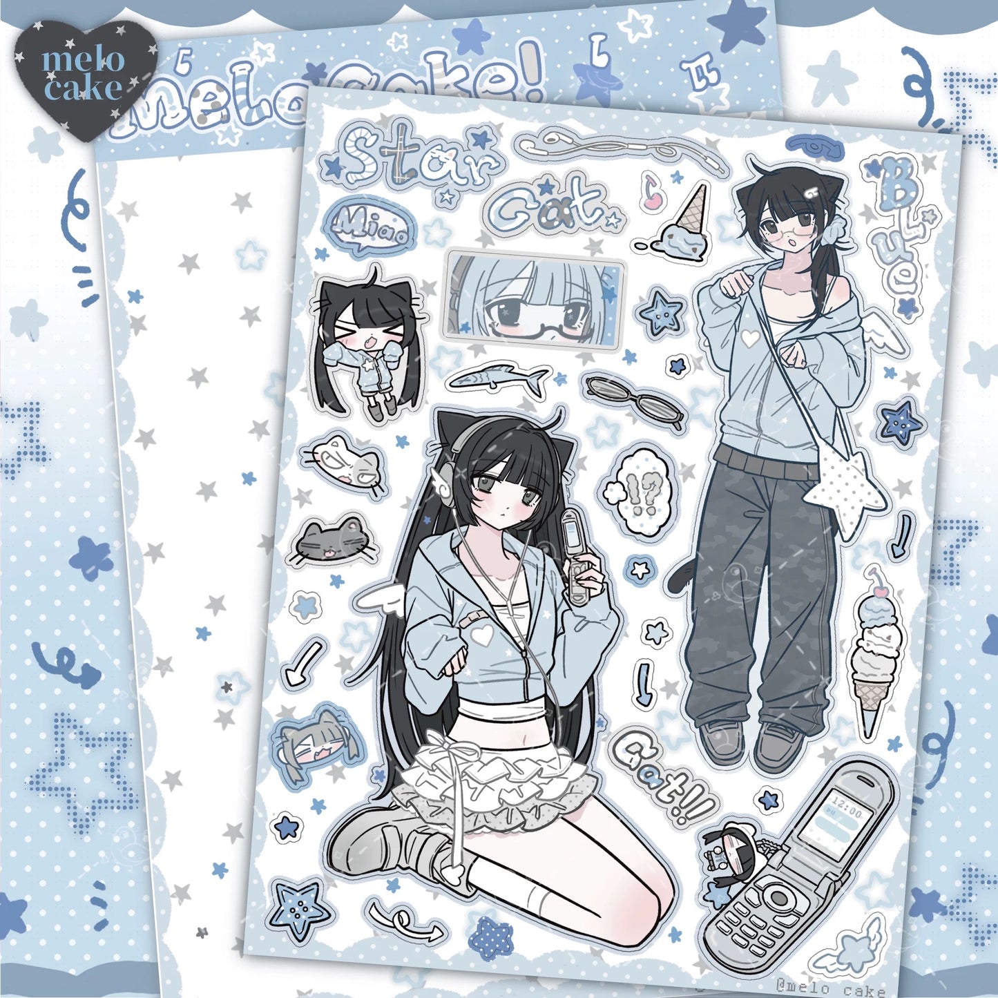 Blue star cat sticker sheet